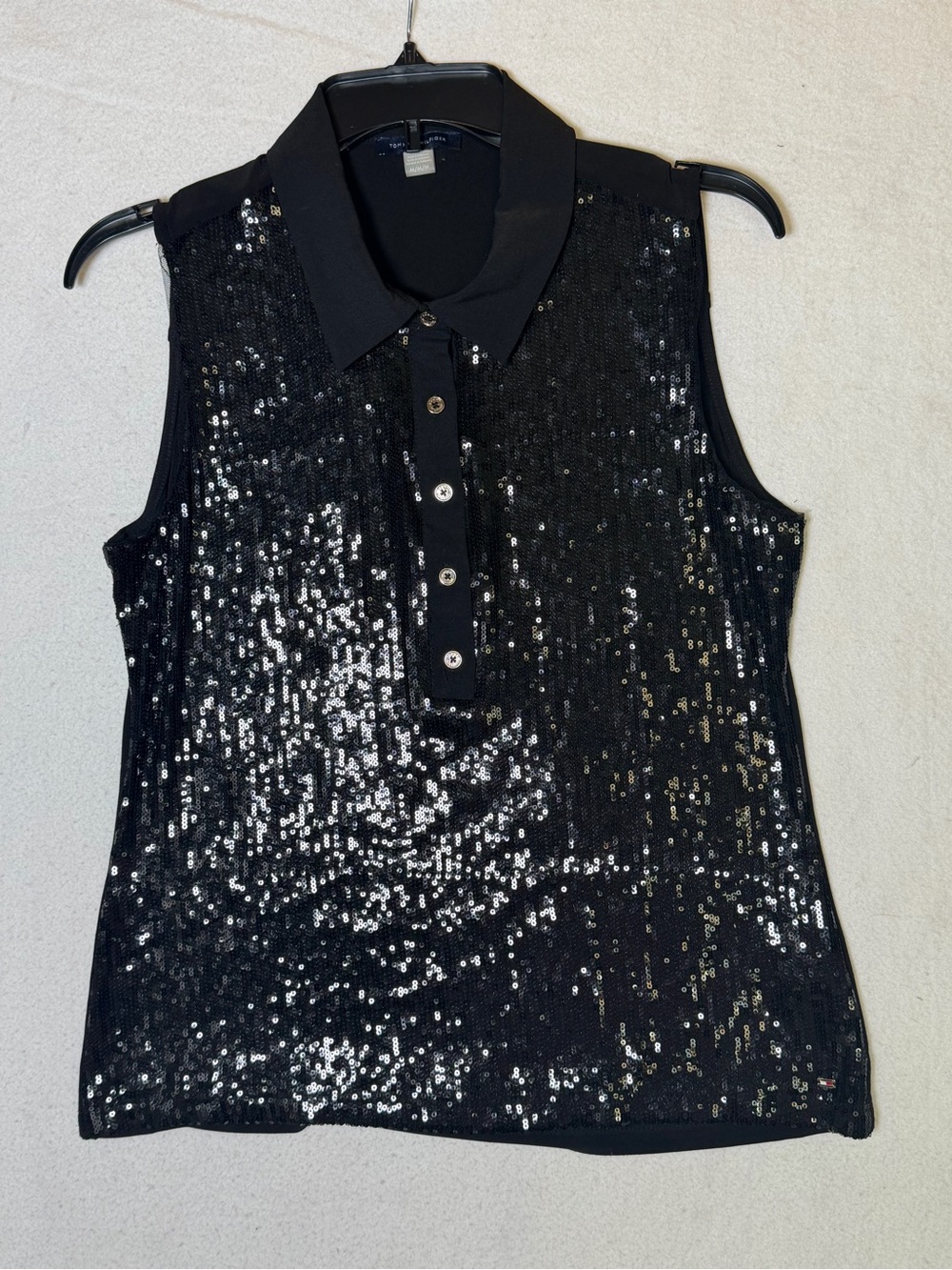 Tommy Hilfiger Black Sequin Sleeveless Polo Top - Size M